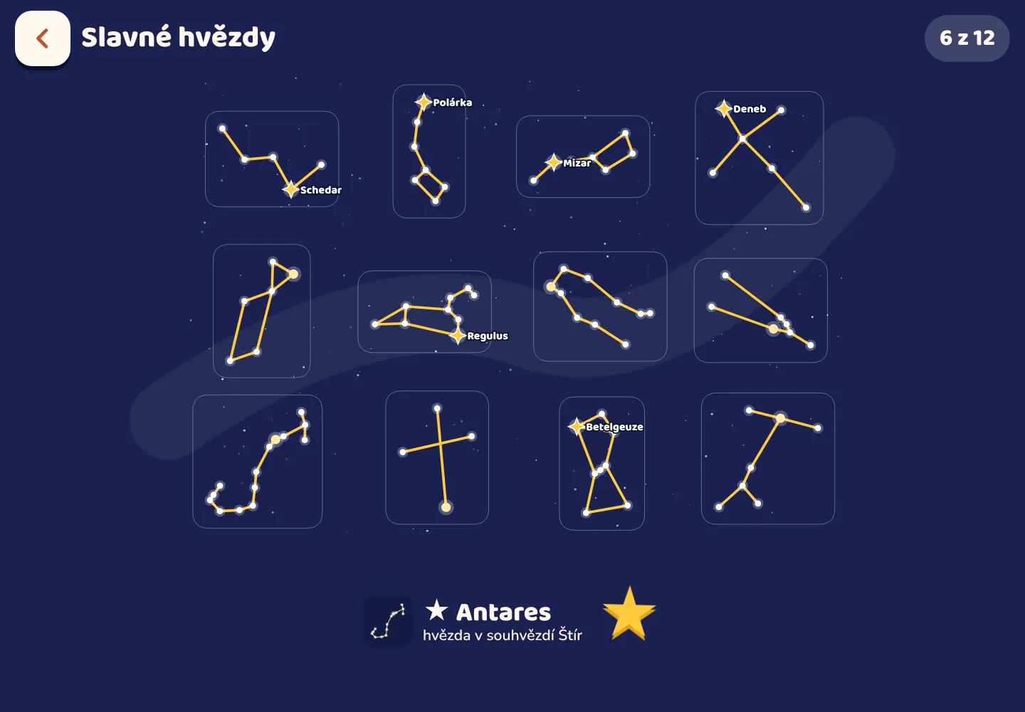 Snímek obrazovky aplikace Space Wiki: Najdi slavné hvězdy