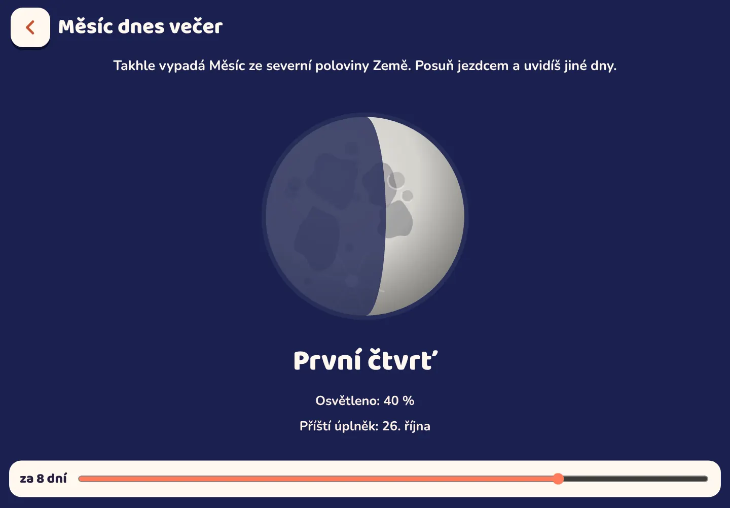 Snímek obrazovky aplikace Space Wiki: Jak vypadá Měsíc dnes večer