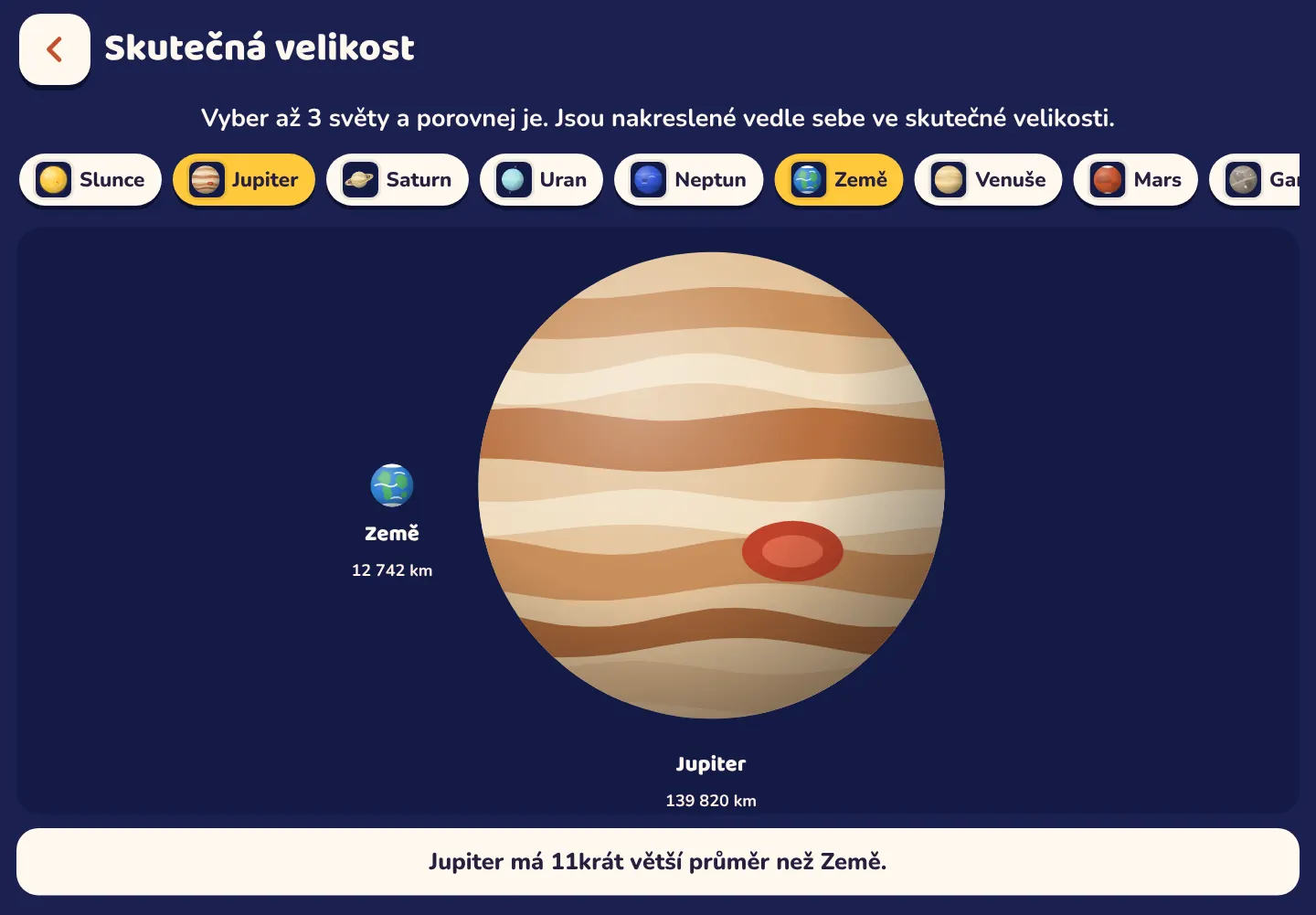 Snímek obrazovky aplikace Space Wiki: Jupiter je 11krát širší než Země