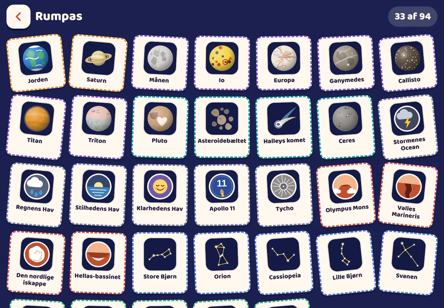 Skærmbillede fra Space Wiki-appen: Et stempel for alt, hvad du finder