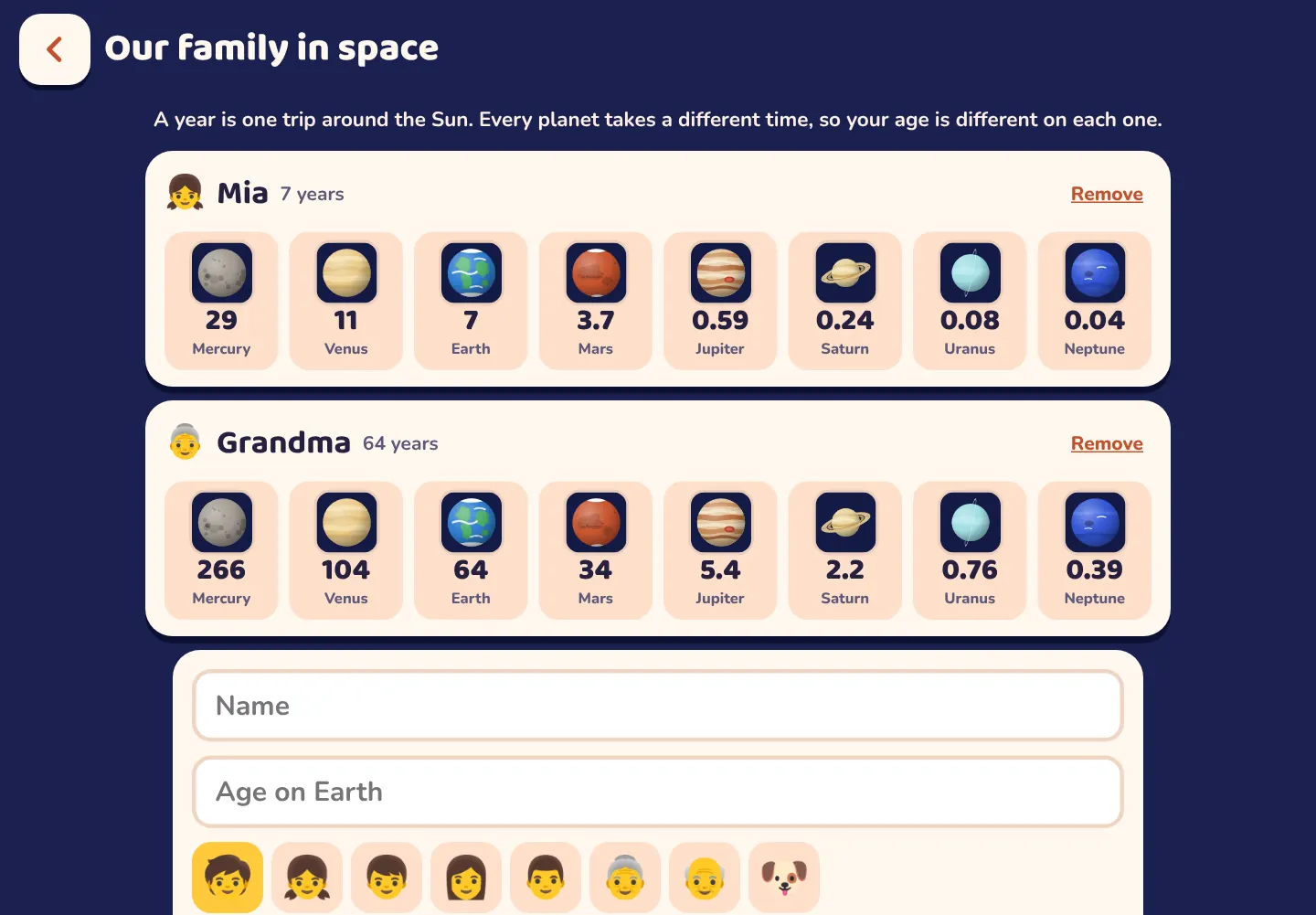 Screenshot of the Space Wiki app: How old would you be on Mars?