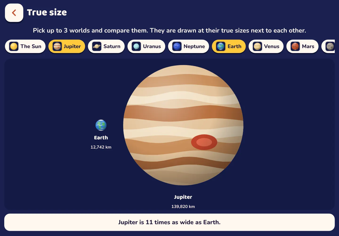 Screenshot of the Space Wiki app: Jupiter is 11 times as wide as Earth