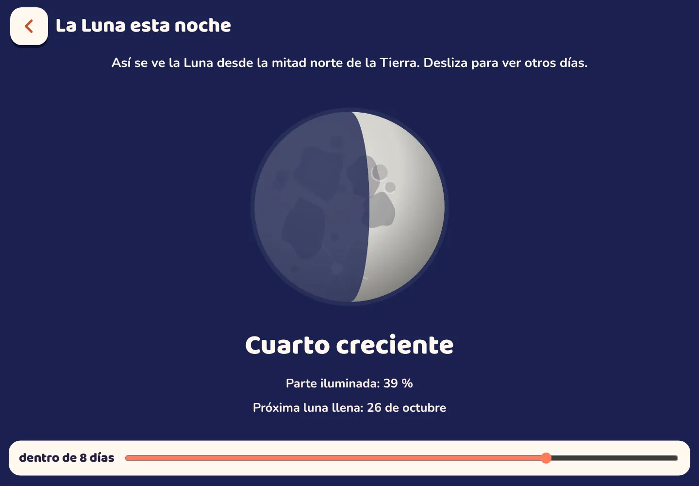 Captura de pantalla de la app Space Wiki: Cómo se ve la Luna esta noche