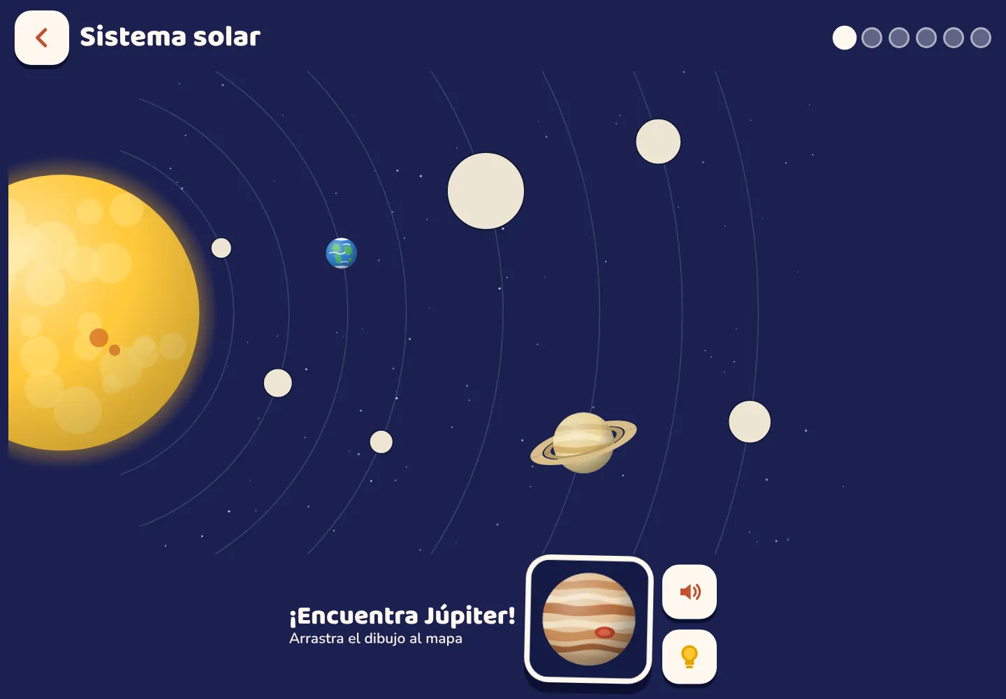 La app Space Wiki: el mapa del Sistema solar a medio llenar, con Júpiter esperando a que lo arrastren.