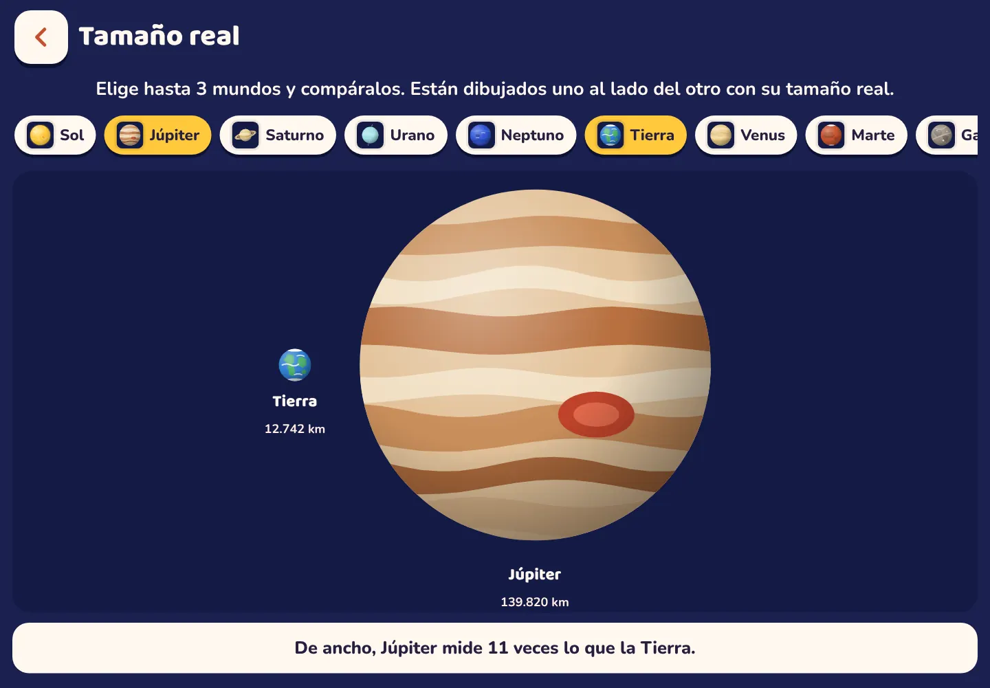 Captura de pantalla de la app Space Wiki: Júpiter es 11 veces más ancho que la Tierra