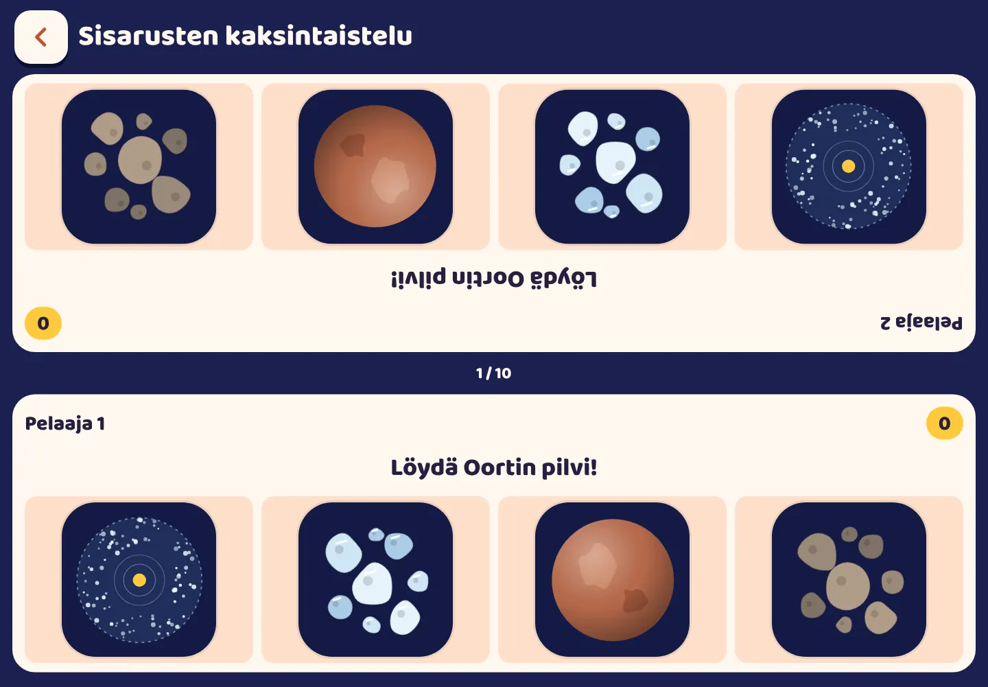 Kuvakaappaus Space Wiki -sovelluksesta: Kaksi pelaajaa, yksi tabletti