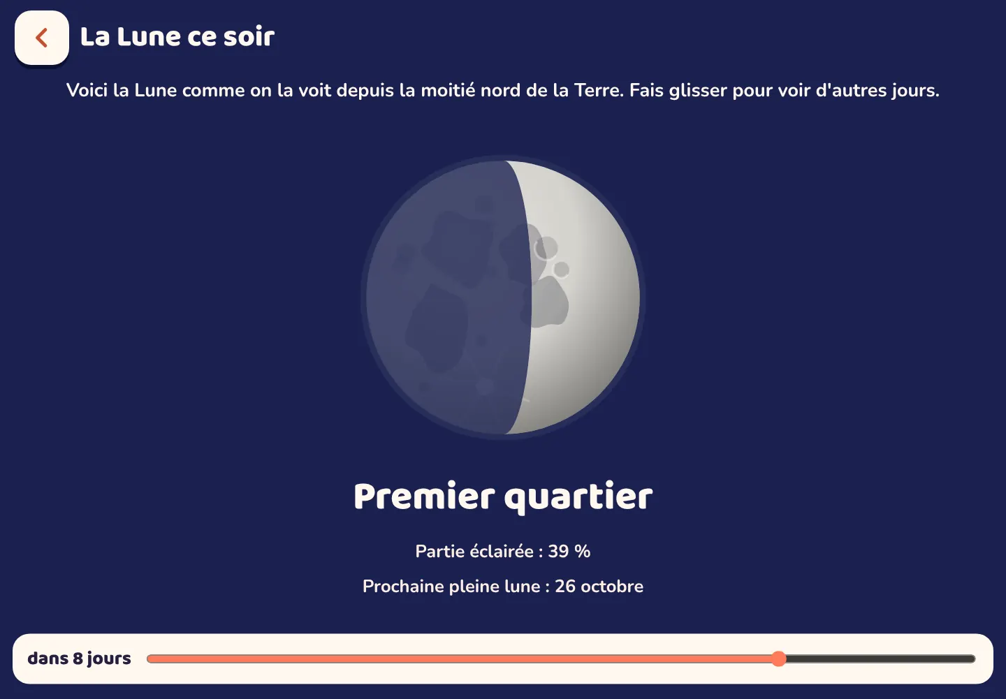 Capture d'écran de l'appli Space Wiki : À quoi ressemble la Lune ce soir