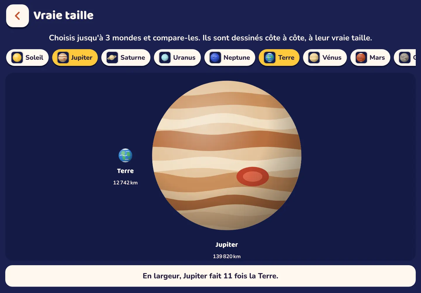 Capture d'écran de l'appli Space Wiki : Jupiter est 11 fois plus large que la Terre