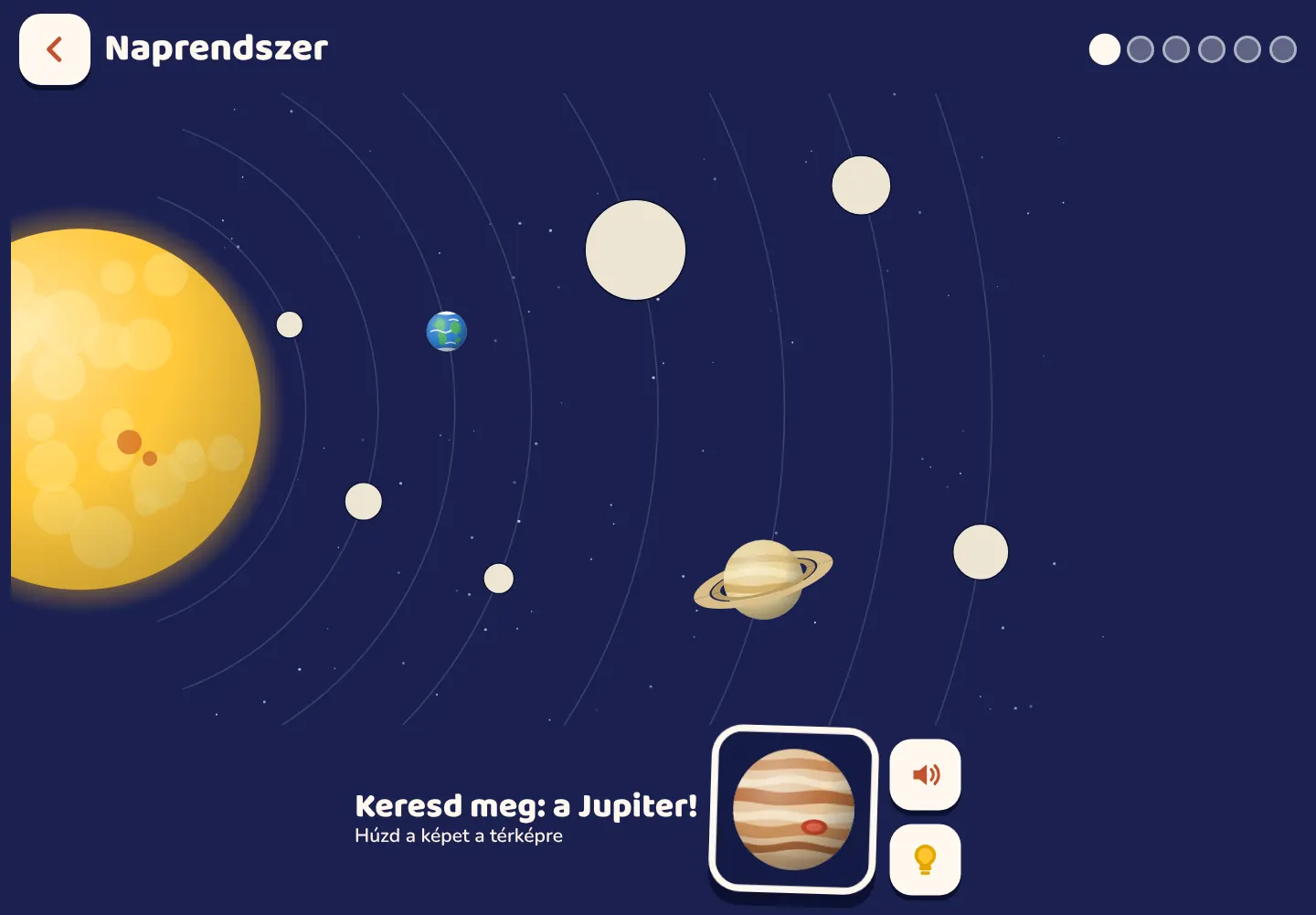A Space Wiki alkalmazás: a Naprendszer térképe félig kitöltve, a Jupiter arra vár, hogy a helyére húzzák.