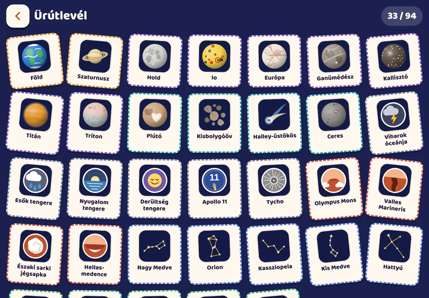 Képernyőkép a Space Wiki alkalmazásból: Pecsét mindenért, amit megtalálsz