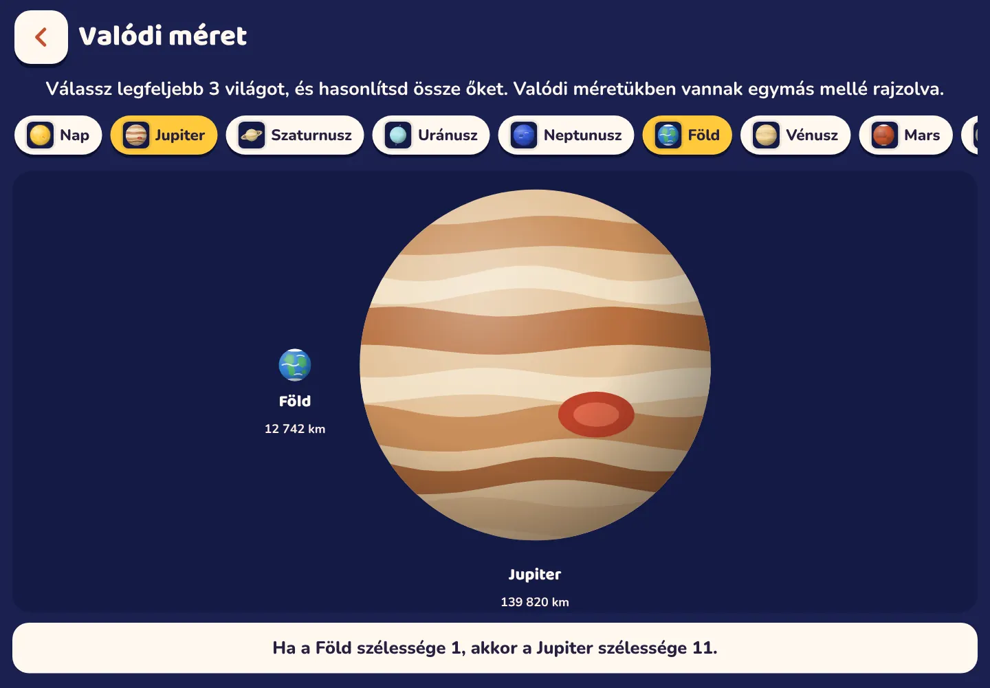 Képernyőkép a Space Wiki alkalmazásból: A Jupiter 11-szer olyan széles, mint a Föld