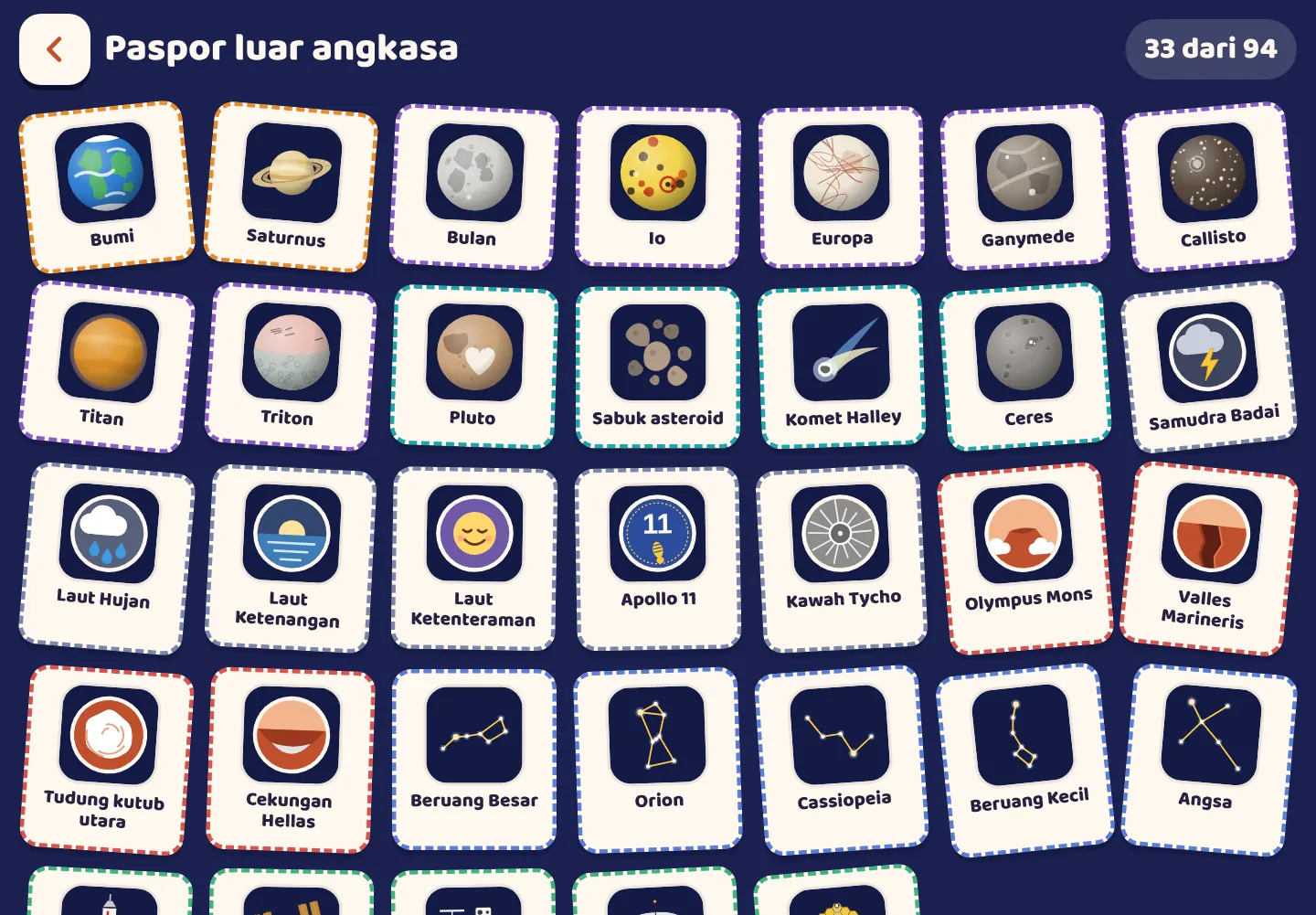 Tangkapan layar aplikasi Space Wiki: Cap untuk semua yang kamu temukan