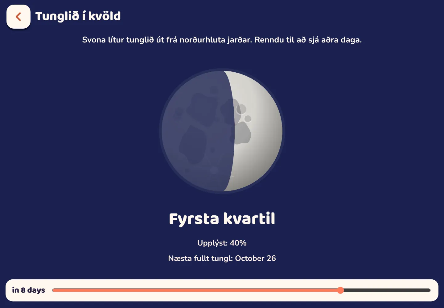Skjámynd úr Space Wiki appinu: Svona lítur tunglið út í kvöld