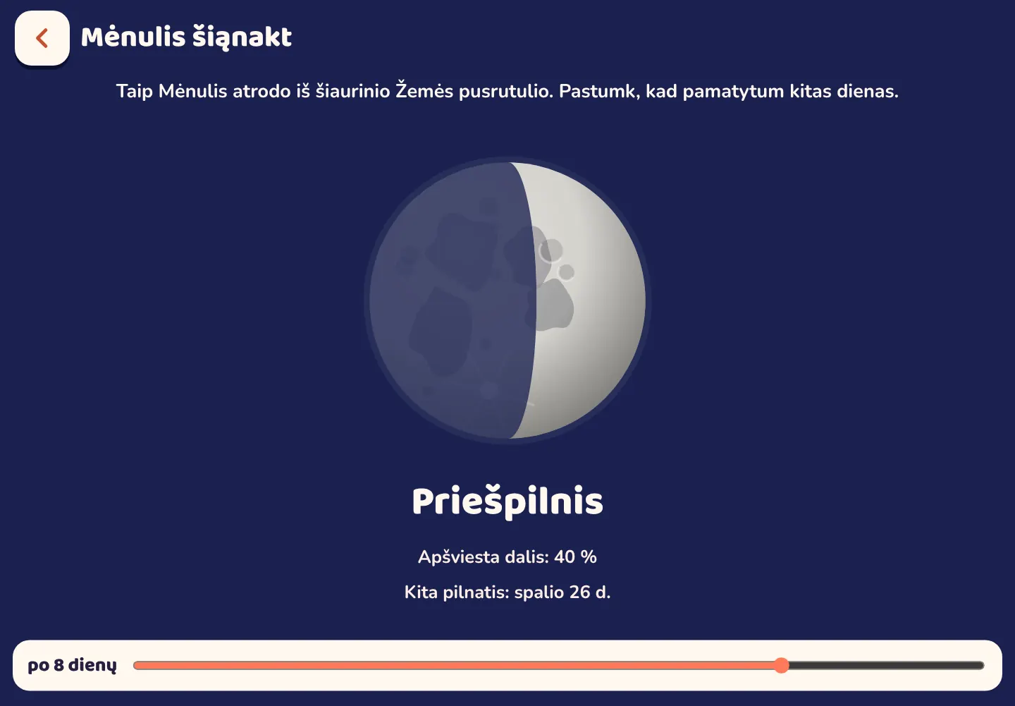 Space Wiki programėlės ekrano nuotrauka: Kaip Mėnulis atrodo šiąnakt