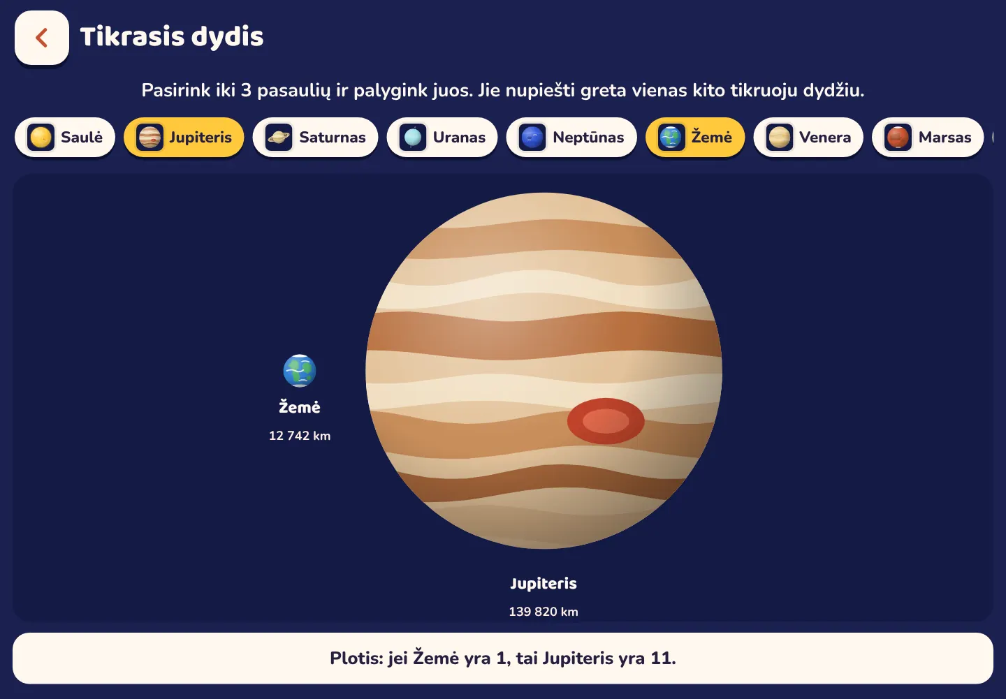 Space Wiki programėlės ekrano nuotrauka: Jupiteris 11 kartų platesnis už Žemę