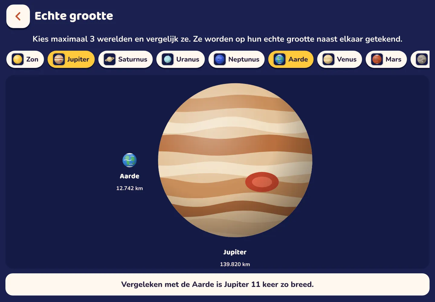 Schermafbeelding van de Space Wiki-app: Jupiter is 11 keer zo breed als de Aarde