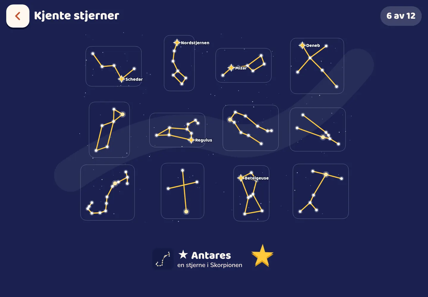 Skjermbilde fra Space Wiki-appen: Finn de kjente stjernene