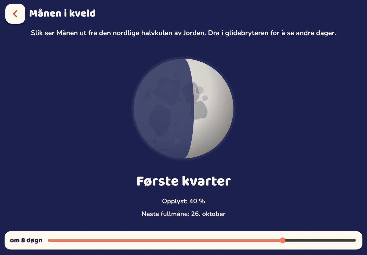 Skjermbilde fra Space Wiki-appen: Slik ser Månen ut i kveld