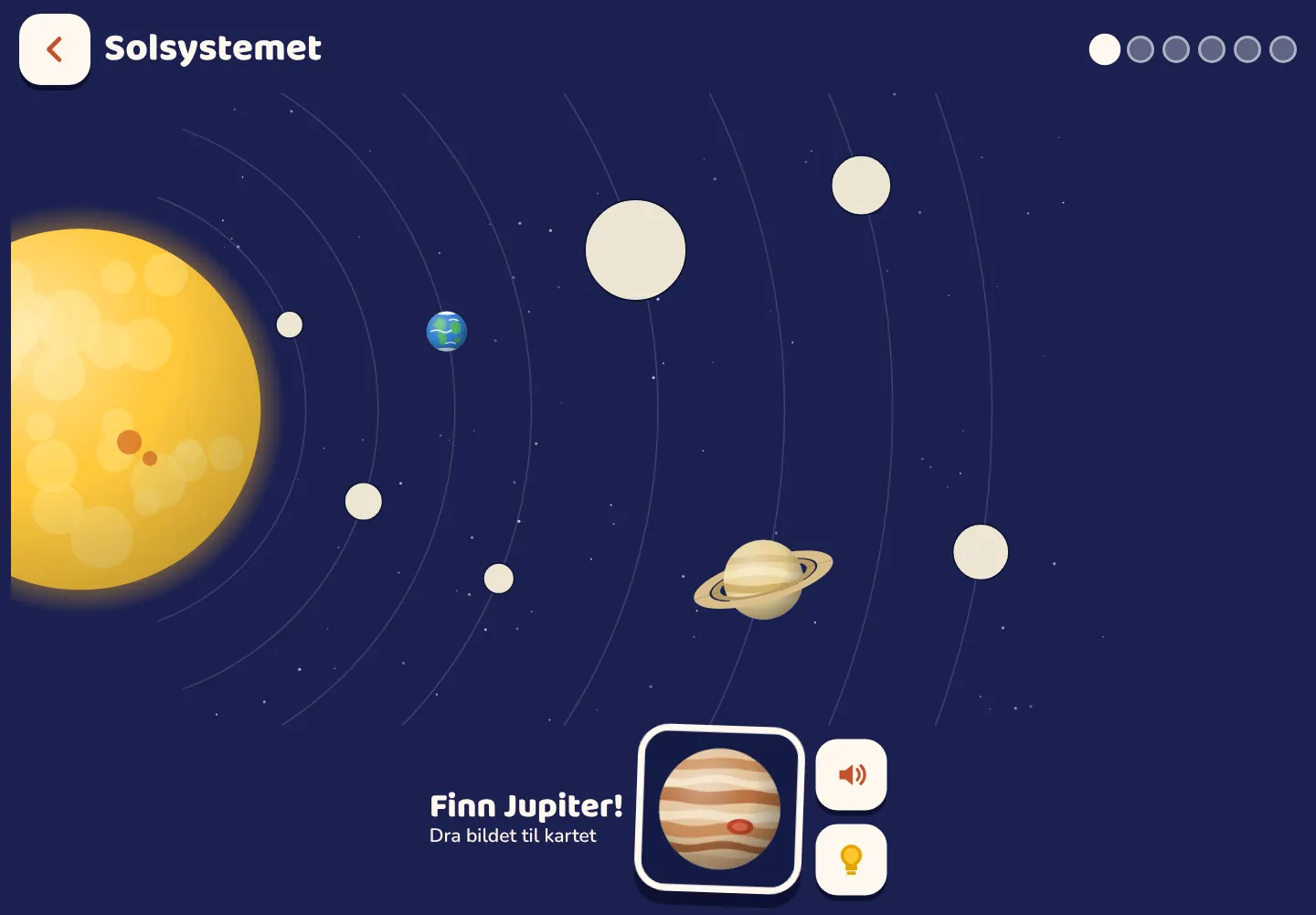 Space Wiki-appen: kartet over solsystemet, halvveis fylt ut, med Jupiter som venter på å bli dratt på plass.