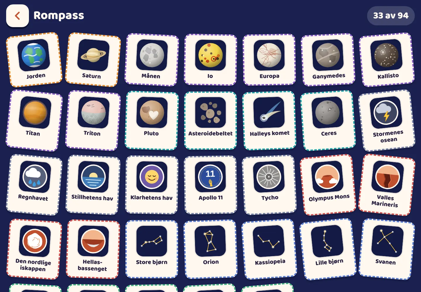 Skjermbilde fra Space Wiki-appen: Et stempel for alt du finner