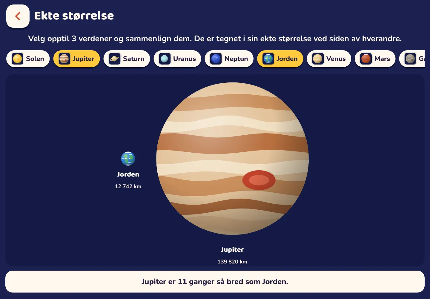 Skjermbilde fra Space Wiki-appen: Jupiter er 11 ganger så bred som Jorden