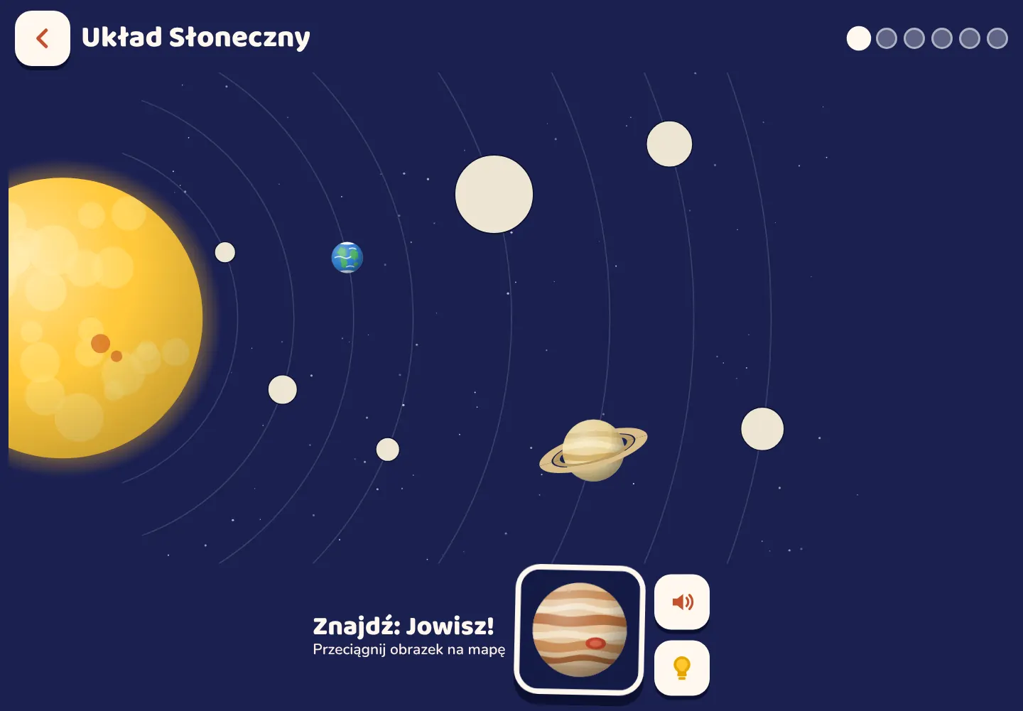 Aplikacja Space Wiki: mapa Układu Słonecznego, wypełniona do połowy, a Jowisz czeka, aż ktoś go przeciągnie.