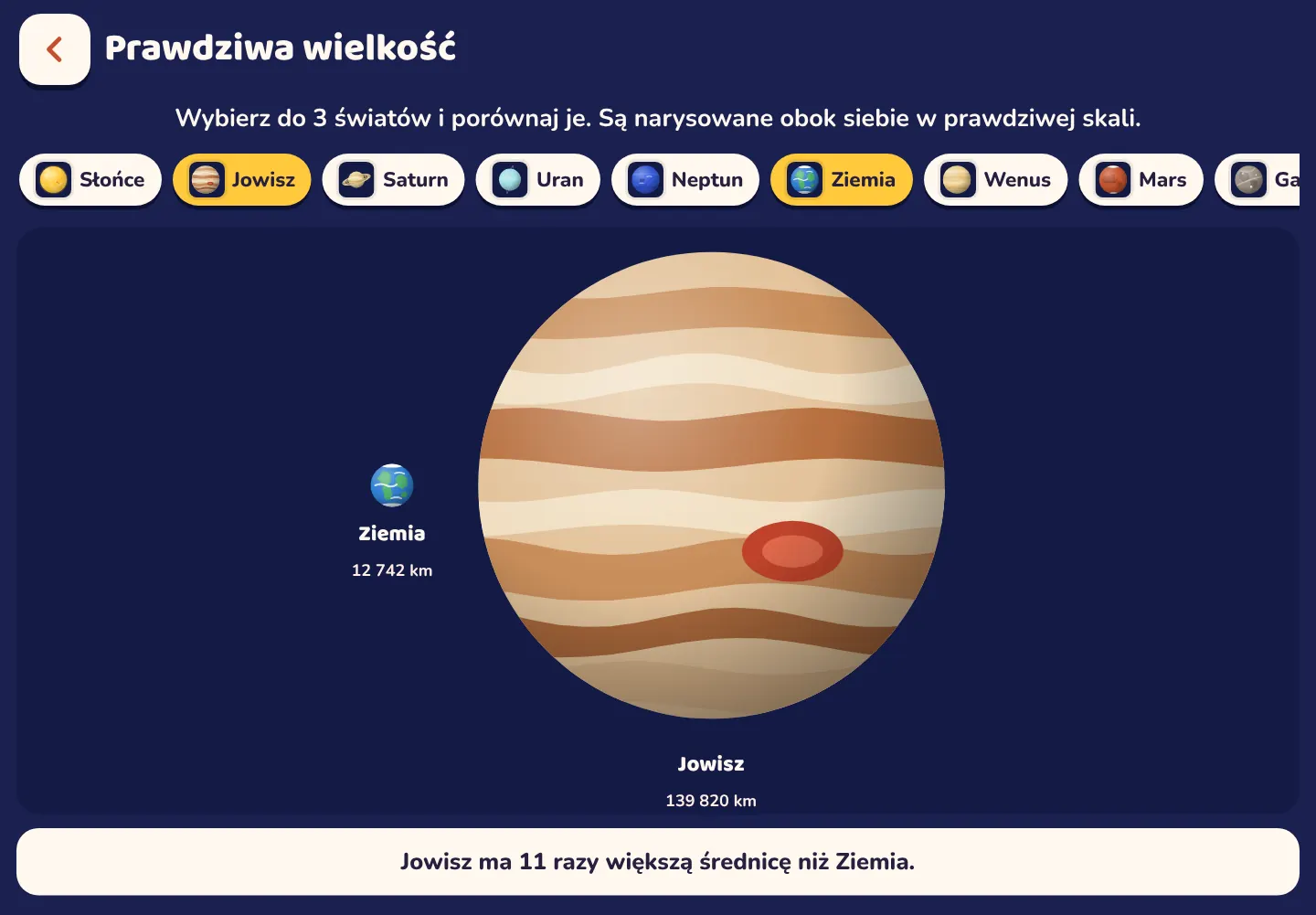 Zrzut ekranu z aplikacji Space Wiki: Jowisz jest 11 razy szerszy od Ziemi