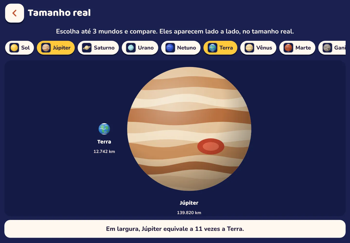 Captura de tela do app Space Wiki: Júpiter é 11 vezes mais largo que a Terra