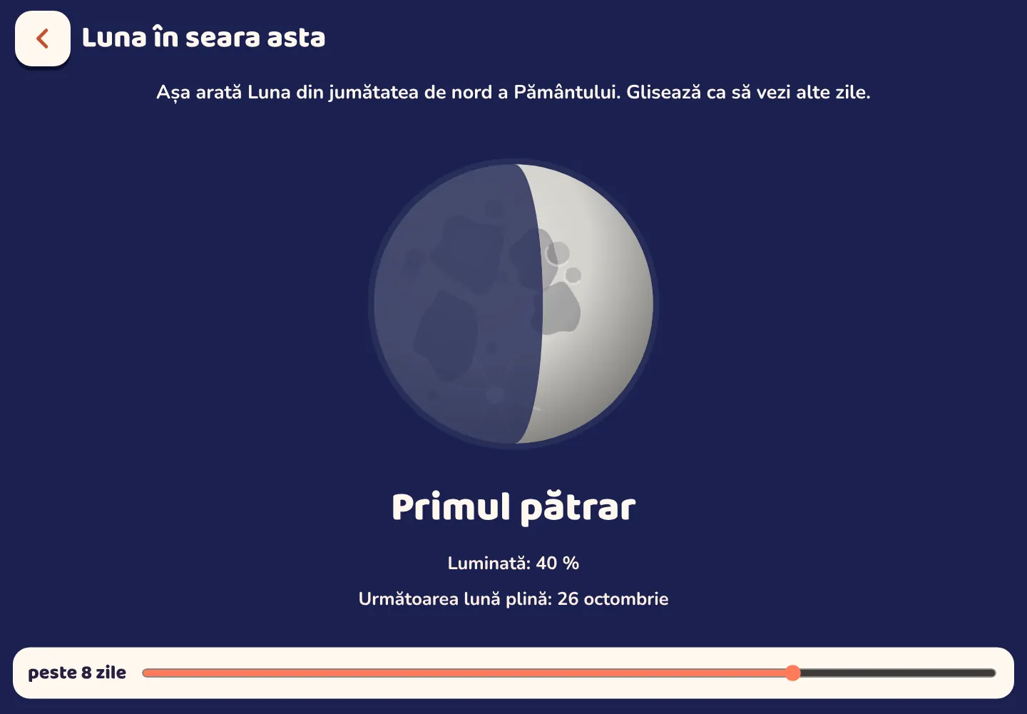 Captură de ecran din aplicația Space Wiki: Cum arată Luna în seara asta