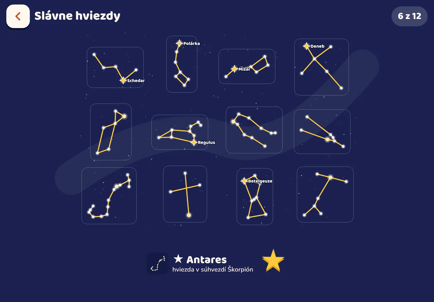 Snímka obrazovky aplikácie Space Wiki: Nájdi slávne hviezdy