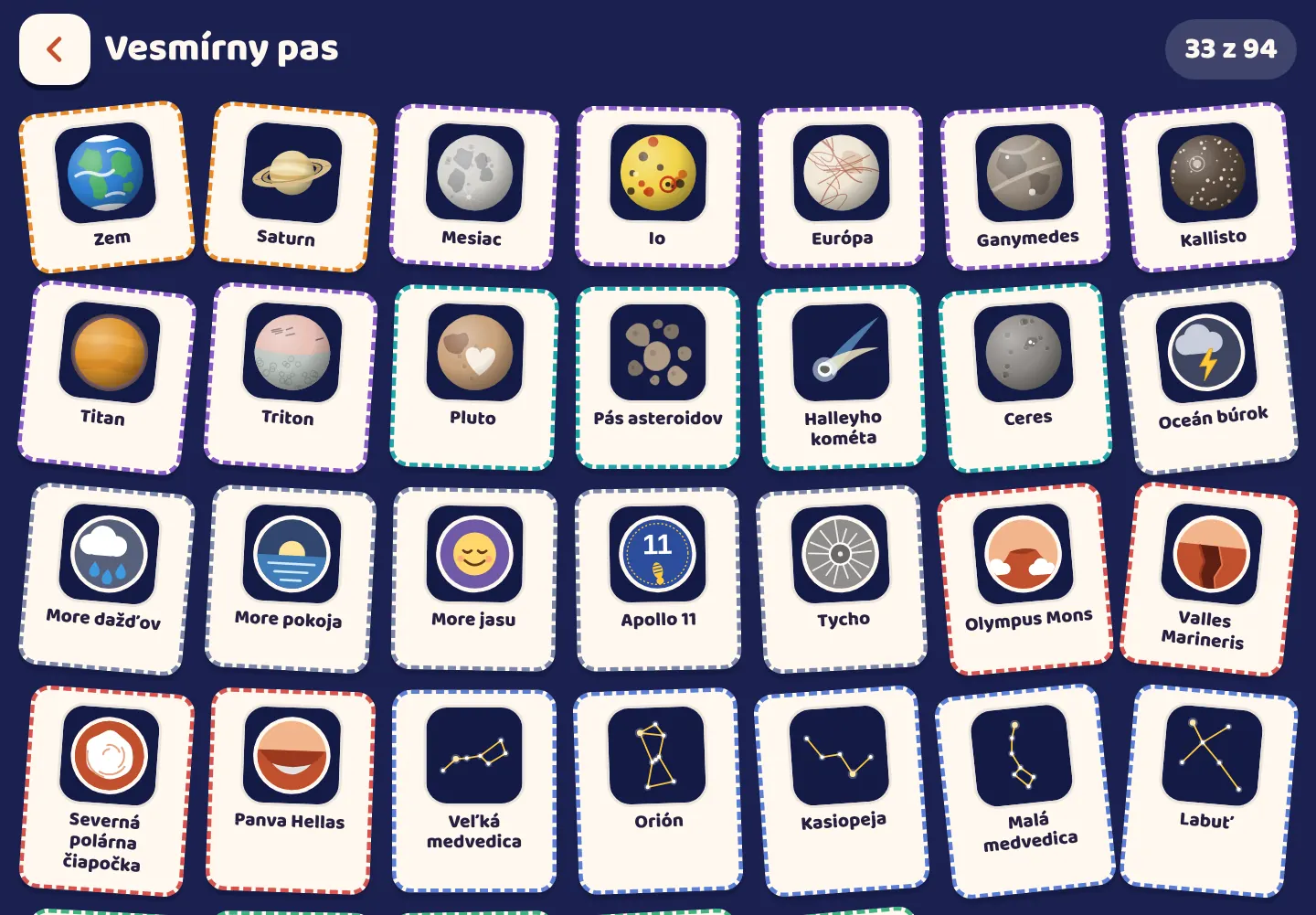 Snímka obrazovky aplikácie Space Wiki: Pečiatka za všetko, čo nájdeš