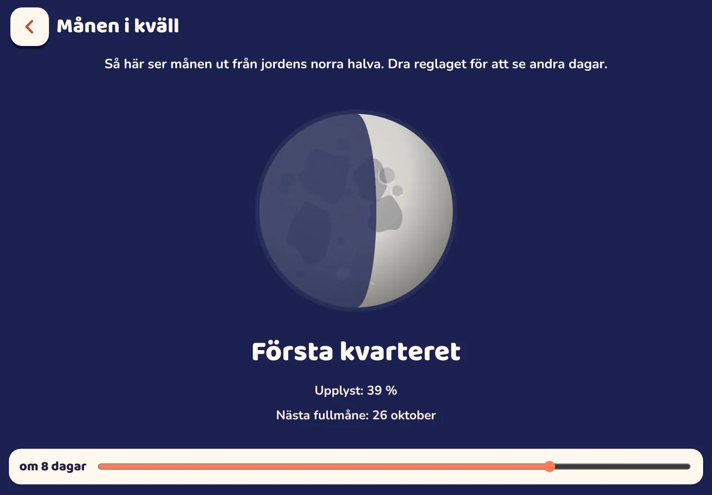 Skärmbild från appen Space Wiki: Så ser månen ut i kväll