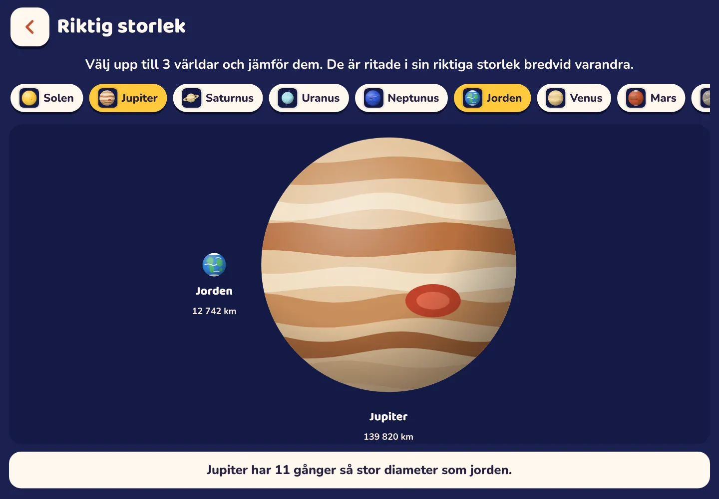 Skärmbild från appen Space Wiki: Jupiter är 11 gånger så bred som jorden