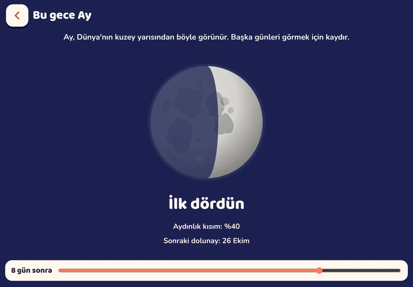 Space Wiki uygulamasından ekran görüntüsü: Ay bu gece nasıl görünüyor