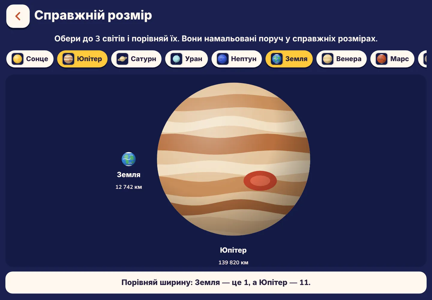 Знімок екрана застосунку Space Wiki: Юпітер у 11 разів ширший за Землю