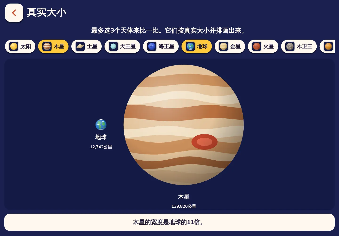 Space Wiki应用截图:木星的宽度是地球的11倍